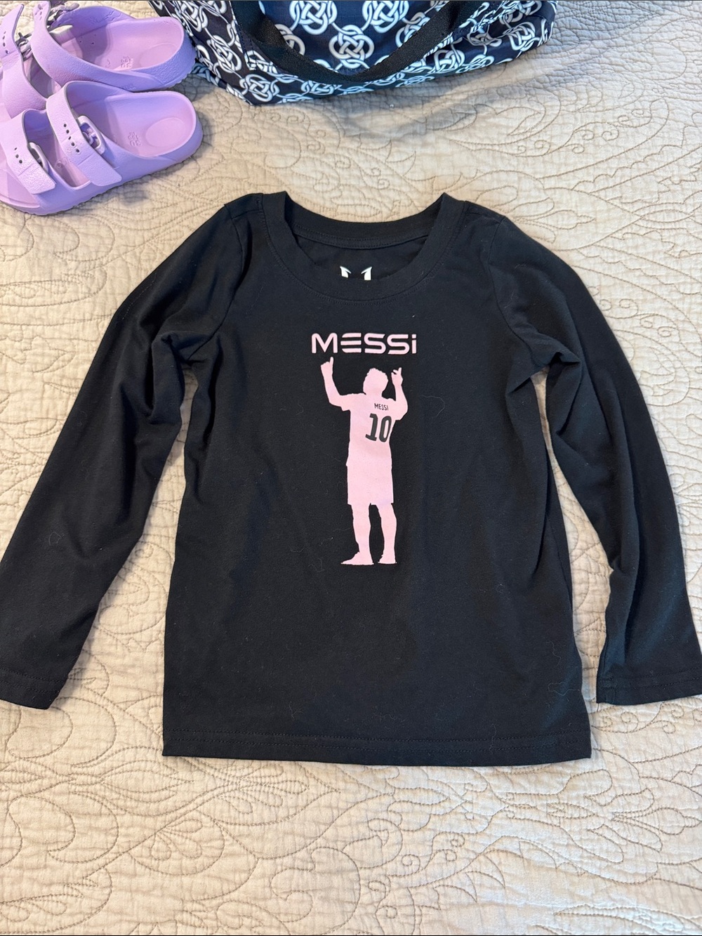 Kids Black Long-Sleeve Messi Graphic Tee with Pink Print